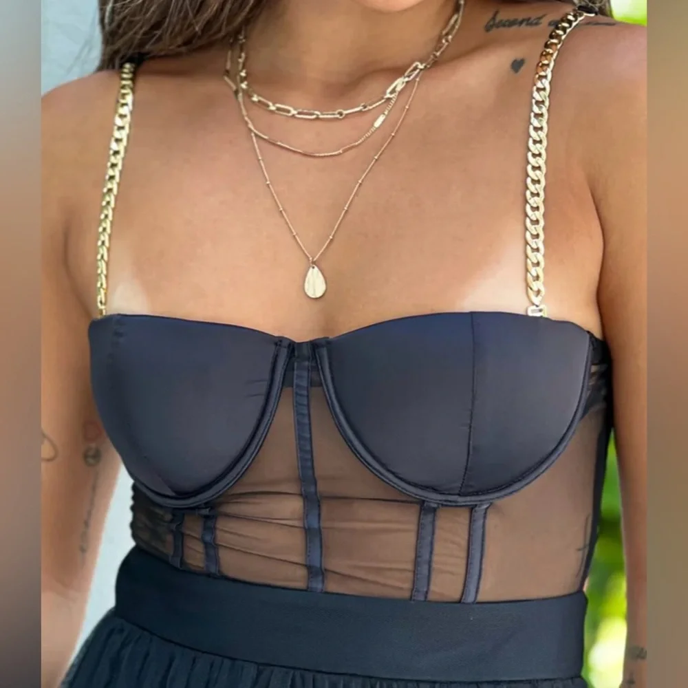 The Vintage Shop Black Corset Top Dress Tulle Skirt, Removable Gold Chain Straps - Picture 4 of 9